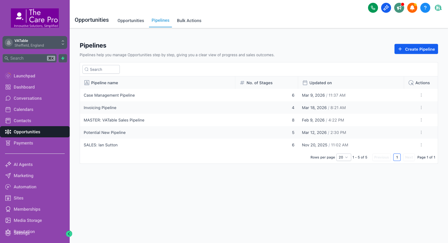 GHL sidebar showing Opportunities navigation