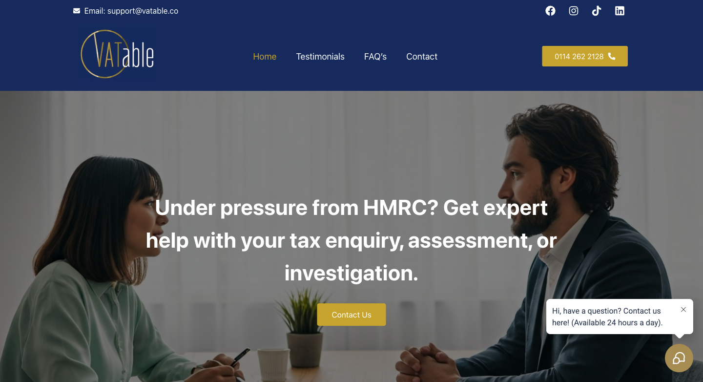 VATable website showing the chat widget in the bottom-right corner