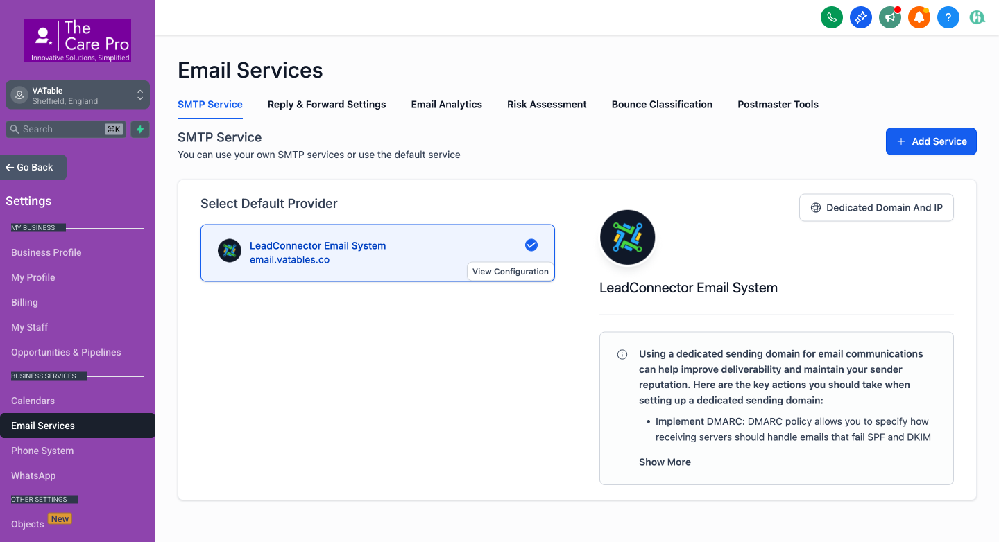 GHL Email Services settings page showing email.vatables.co as the sending domain