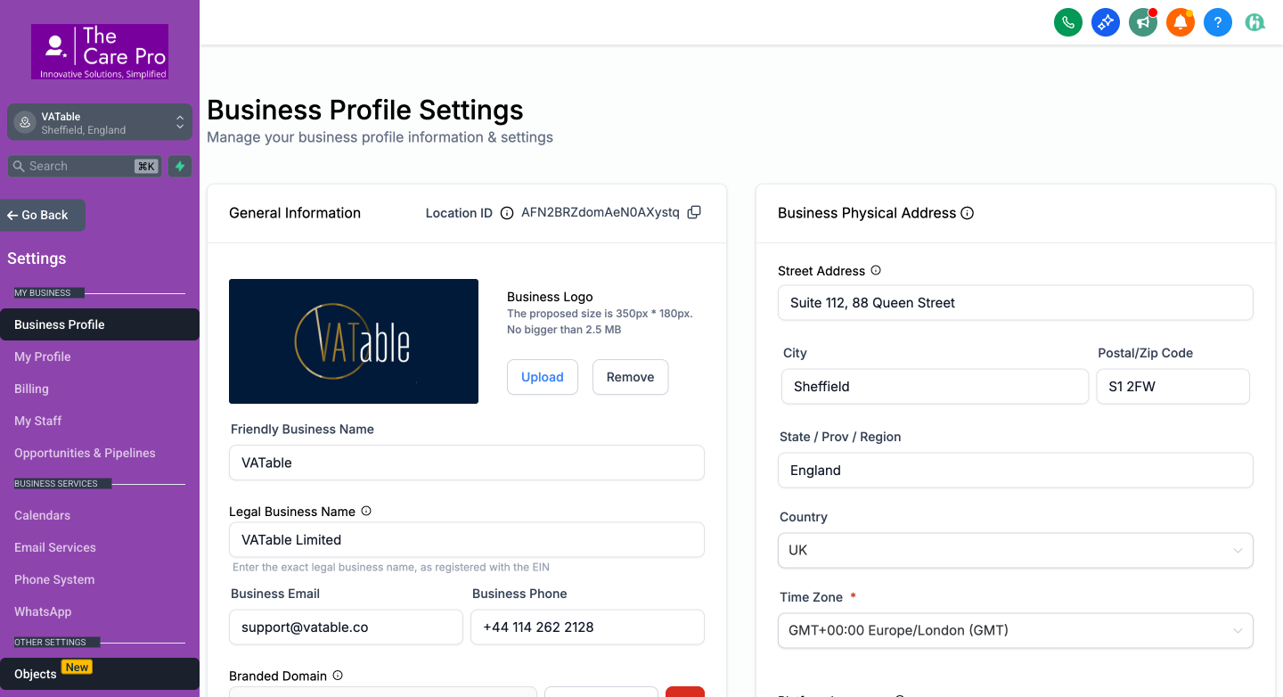 GHL Settings sidebar showing Email Services under Business Services