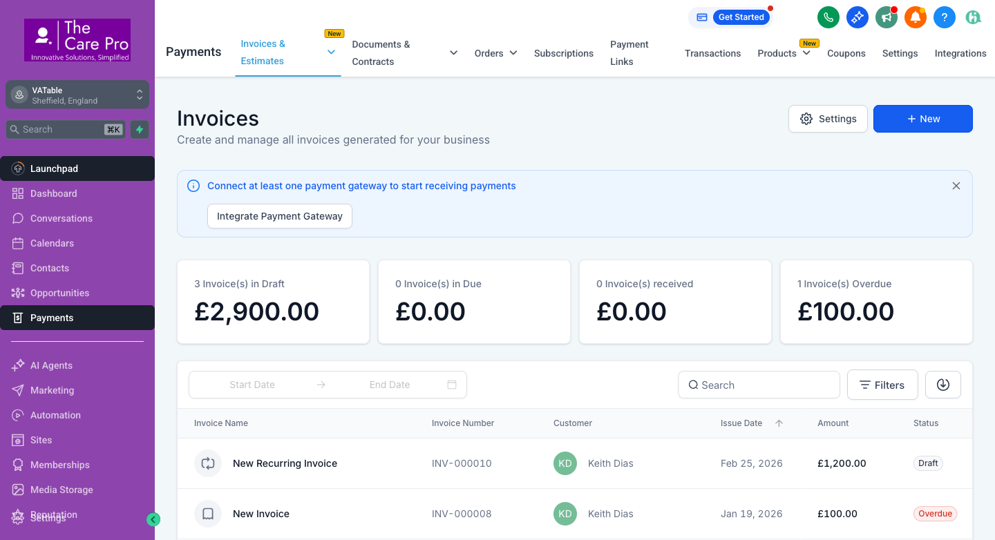 GHL sidebar showing Payments in the left navigation, and Documents & Contracts in the top horizontal menu bar