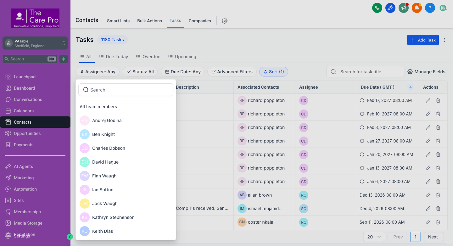 Assignee filter dropdown showing team members