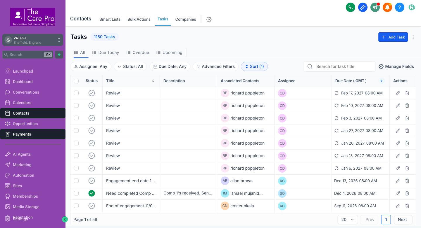 GHL Tasks list view showing task table with columns