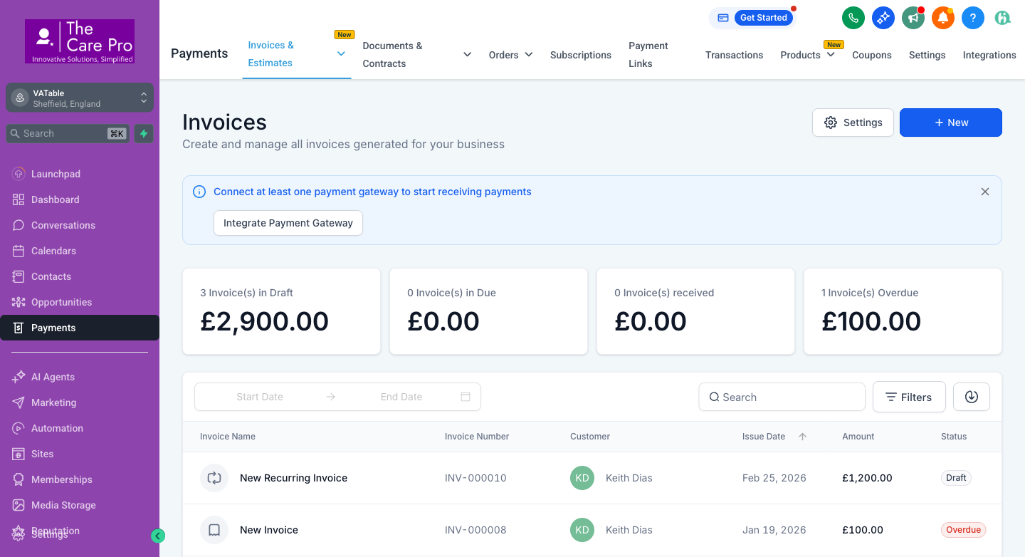 GHL Invoices Dashboard showing the Payments section with invoice list, summary cards for Draft, Due, Received, and Overdue invoices